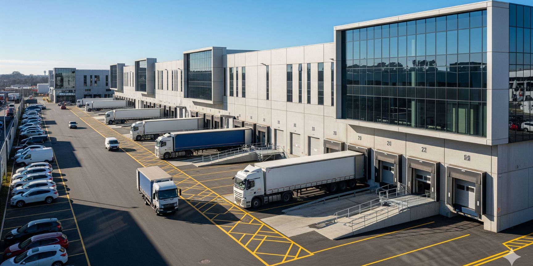 Eine moderne, weitläufige Logistikimmobilie in einem Gewerbegebiet bei Tageslicht. Die Fassade ist von zahlreichen Laderampen geprägt, an denen mehrere LKW zum Be- und Entladen andocken, was die intensive Nutzung für die Lagerlogistik symbolisiert.